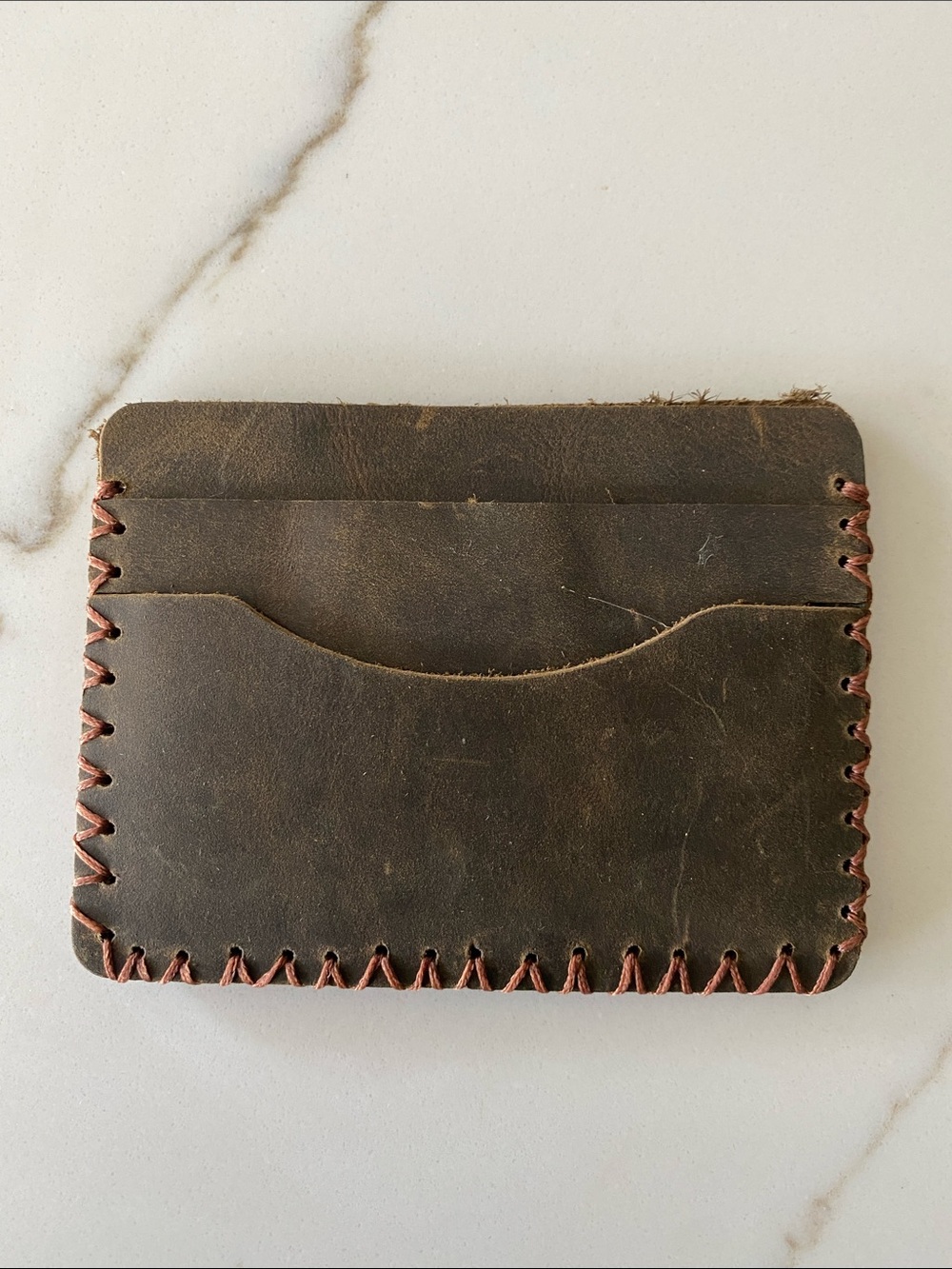 Handmade Brown 100% Real Leather Card Wallet with Contrast Stitching